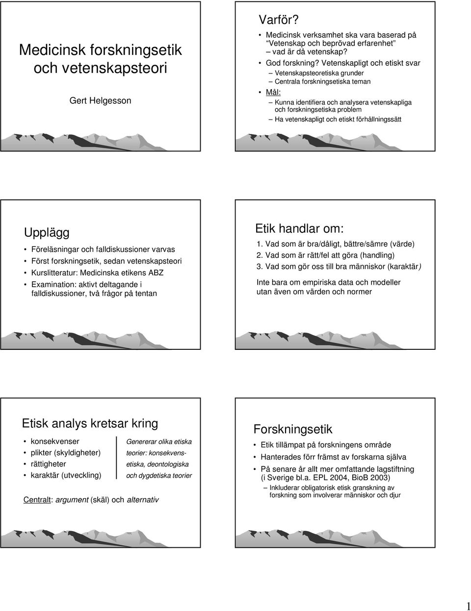 förhållningssätt Upplägg Föreläsningar och falldiskussioner varvas Först forskningsetik, sedan vetenskapsteori Kurslitteratur: Medicinska etikens ABZ Examination: aktivt deltagande i