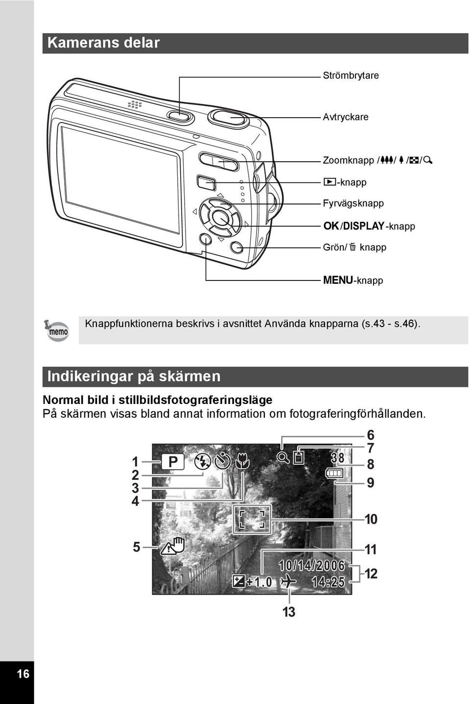 Indikeringar på skärmen Normal bild i stillbildsfotograferingsläge På skärmen visas bland