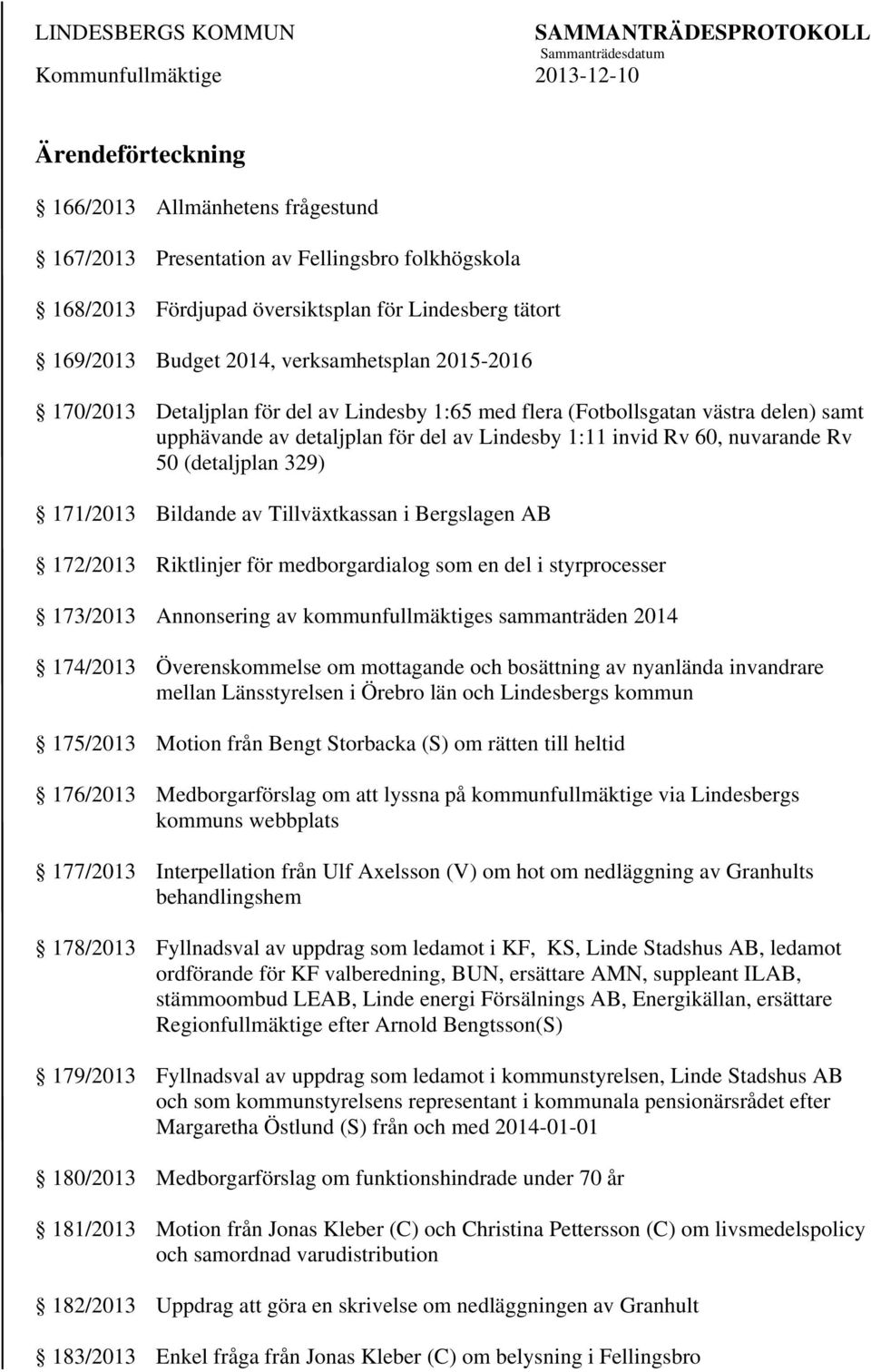 171/2013 Bildande av Tillväxtkassan i Bergslagen AB 172/2013 Riktlinjer för medborgardialog som en del i styrprocesser 173/2013 Annonsering av kommunfullmäktiges sammanträden 2014 174/2013