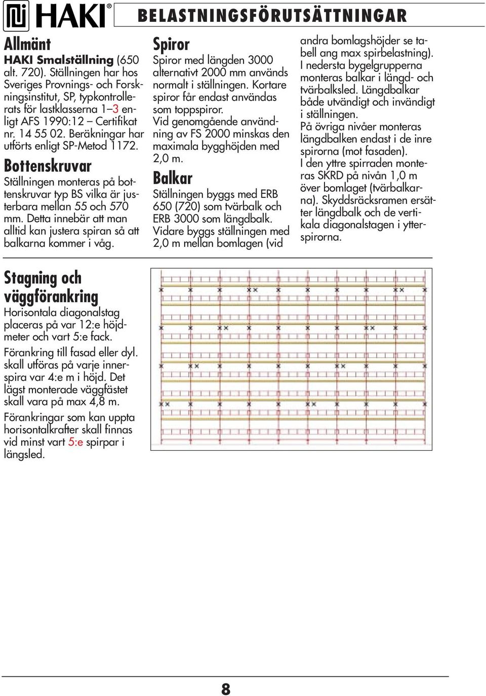 Detta innebär att man alltid kan justera spiran så att balkarna kommer i våg. Stagning och väggförankring Horisontala diagonalstag placeras på var 12:e höjdmeter och vart 5:e fack.