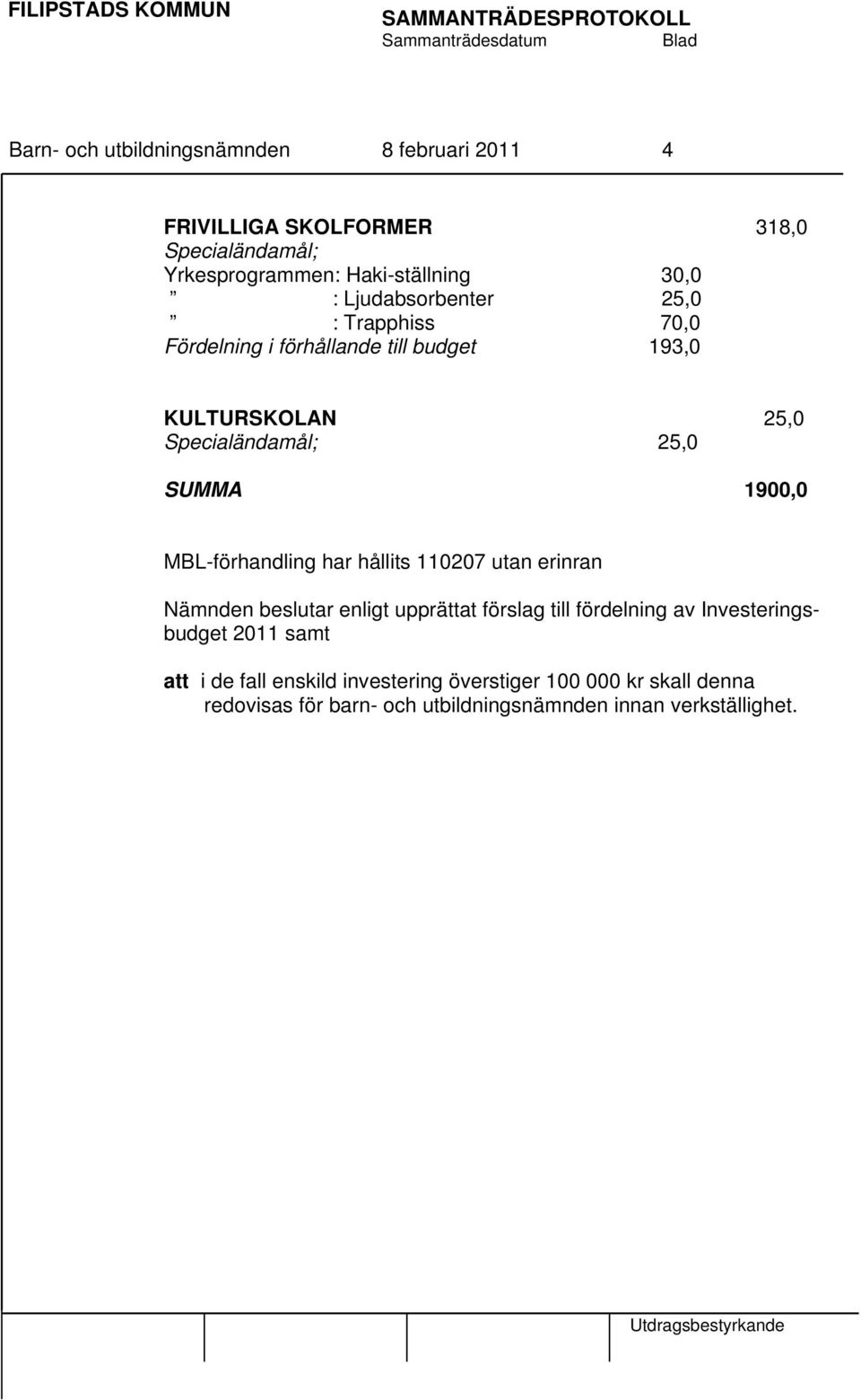 MBL-förhandling har hållits 110207 utan erinran Nämnden beslutar enligt upprättat förslag till fördelning av Investeringsbudget 2011