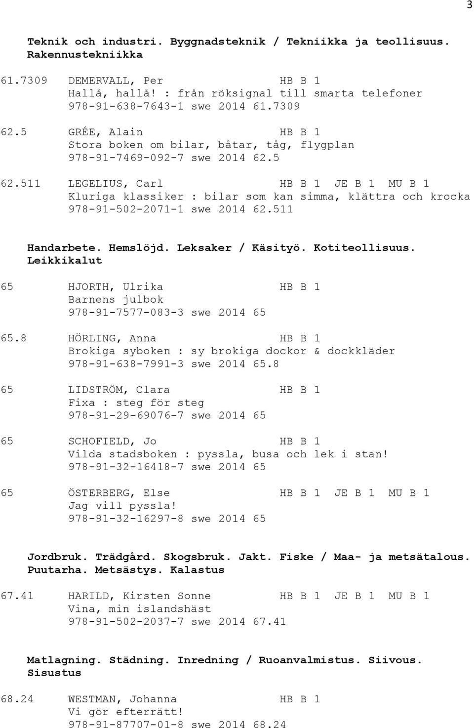 511 LEGELIUS, Carl HB B 1 JE B 1 MU B 1 Kluriga klassiker : bilar som kan simma, klättra och krocka 978-91-502-2071-1 swe 2014 62.511 Handarbete. Hemslöjd. Leksaker / Käsityö. Kotiteollisuus.