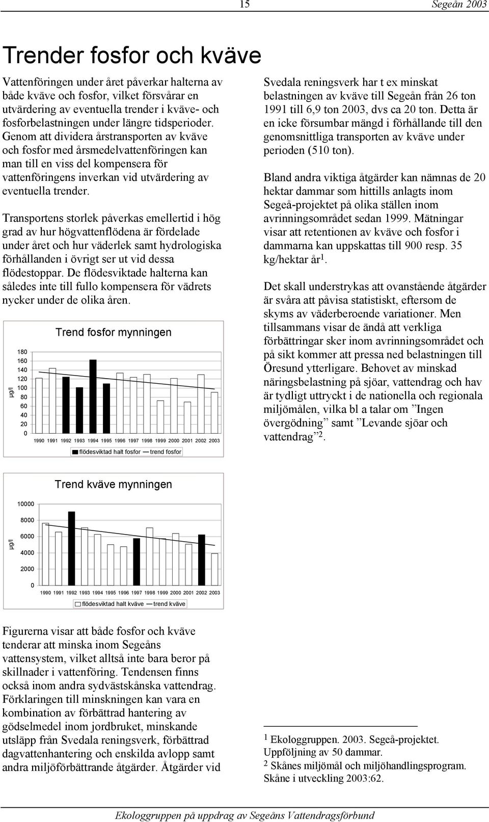 Genom att dividera årstransporten av kväve och fosfor med årsmedelvattenföringen kan man till en viss del kompensera för vattenföringens inverkan vid utvärdering av eventuella trender.