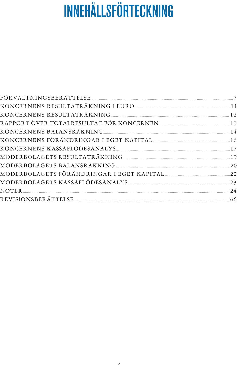 .. 14 KONCERNENS FÖRÄNDRINGAR I EGET KAPITAL... 16 KONCERNENS KASSAFLÖDESANALYS...17 MODERBOLAGETS RESULTATRÄKNING.