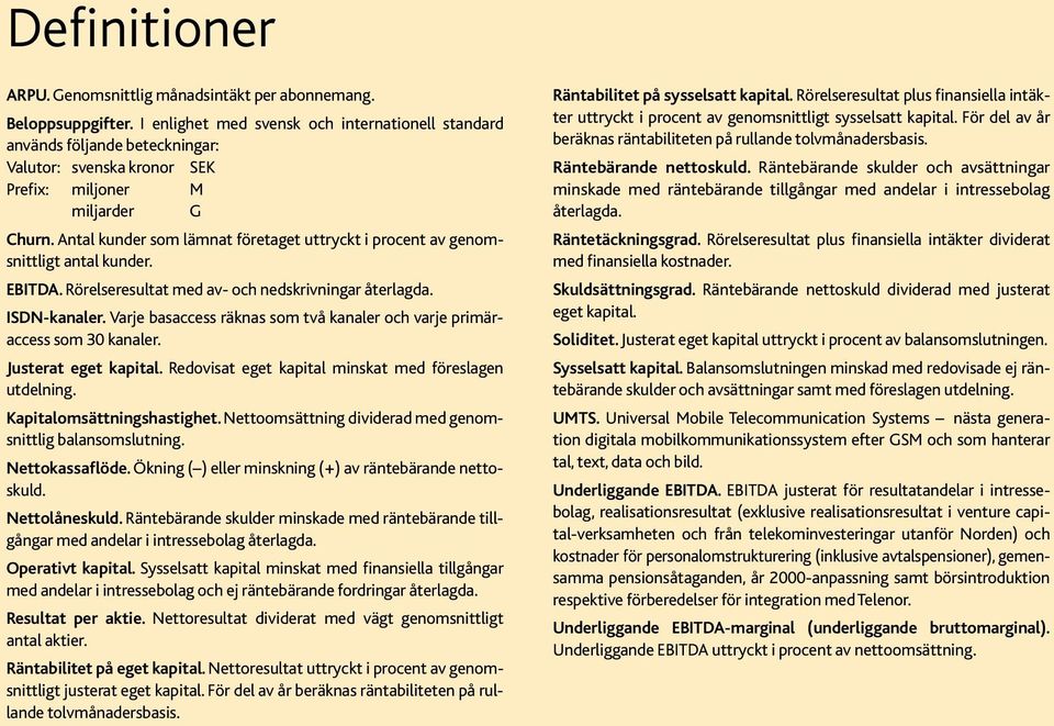 Antal kunder som lämnat företaget uttryckt i procent av genomsnittligt antal kunder. EBITDA. Rörelseresultat med av- och nedskrivningar återlagda. ISDN-kanaler.