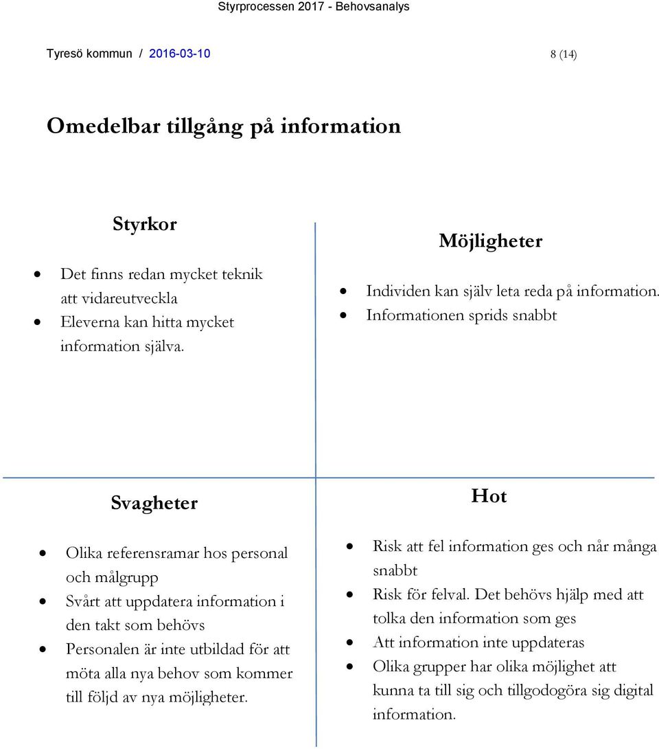 Informationen sprids snabbt Svagheter Hot Olika referensramar hos personal och målgrupp Svårt att uppdatera information i den takt som behövs Personalen är inte utbildad för att möta alla nya behov