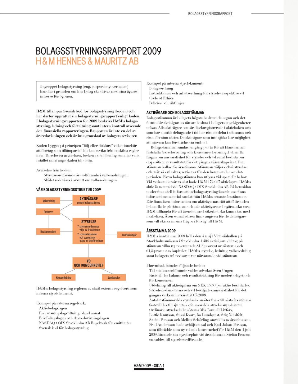 I bolagsstyrningsrapporten för 2009 beskrivs H&M:s bolagsstyrning, ledning och förvaltning samt intern kontroll avseende den finansiella rapporteringen.