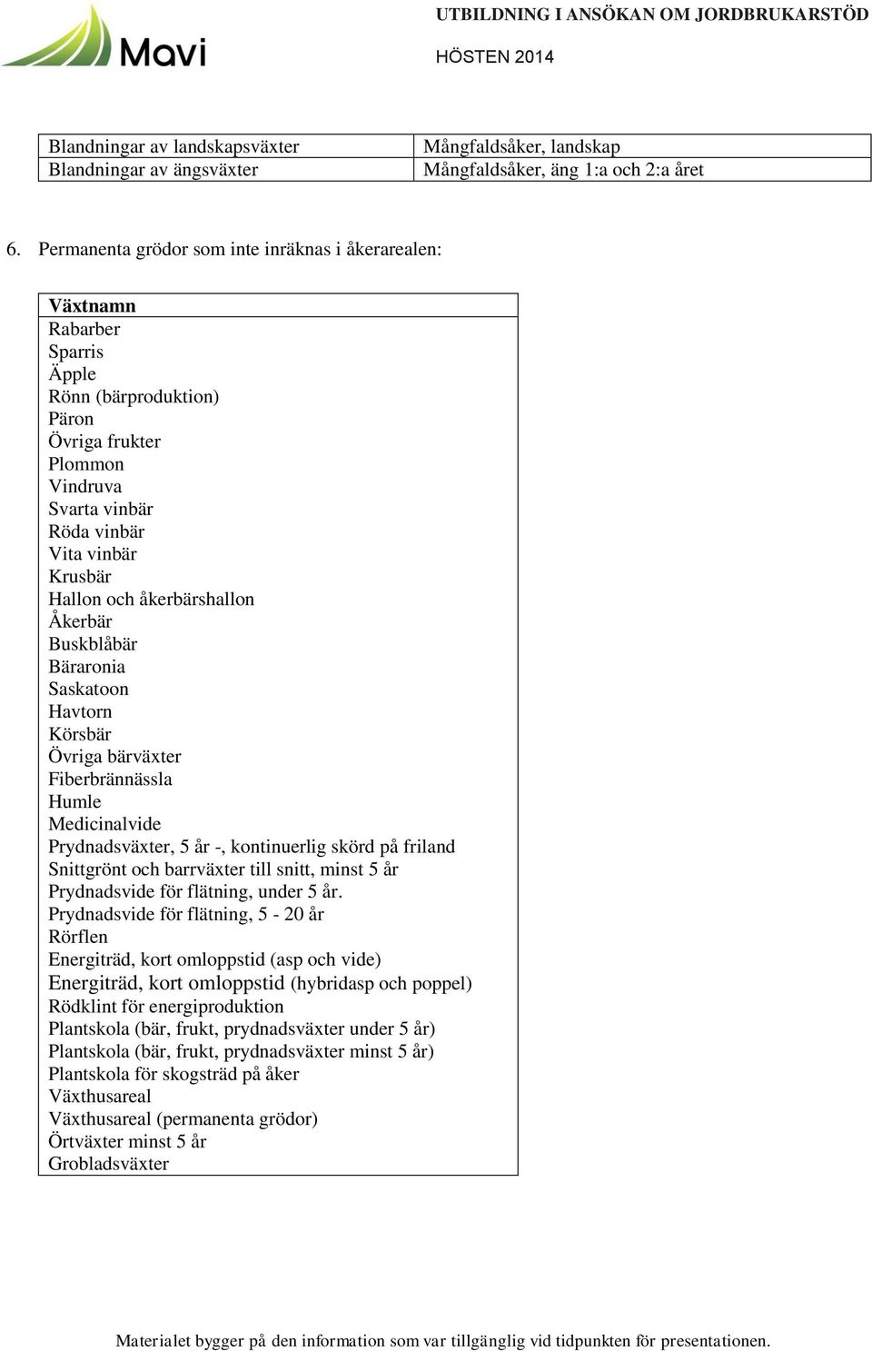 åkerbärshallon Åkerbär Buskblåbär Bäraronia Saskatoon Havtorn Körsbär Övriga bärväxter Fiberbrännässla Humle Medicinalvide Prydnadsväxter, 5 år -, kontinuerlig skörd på friland Snittgrönt och