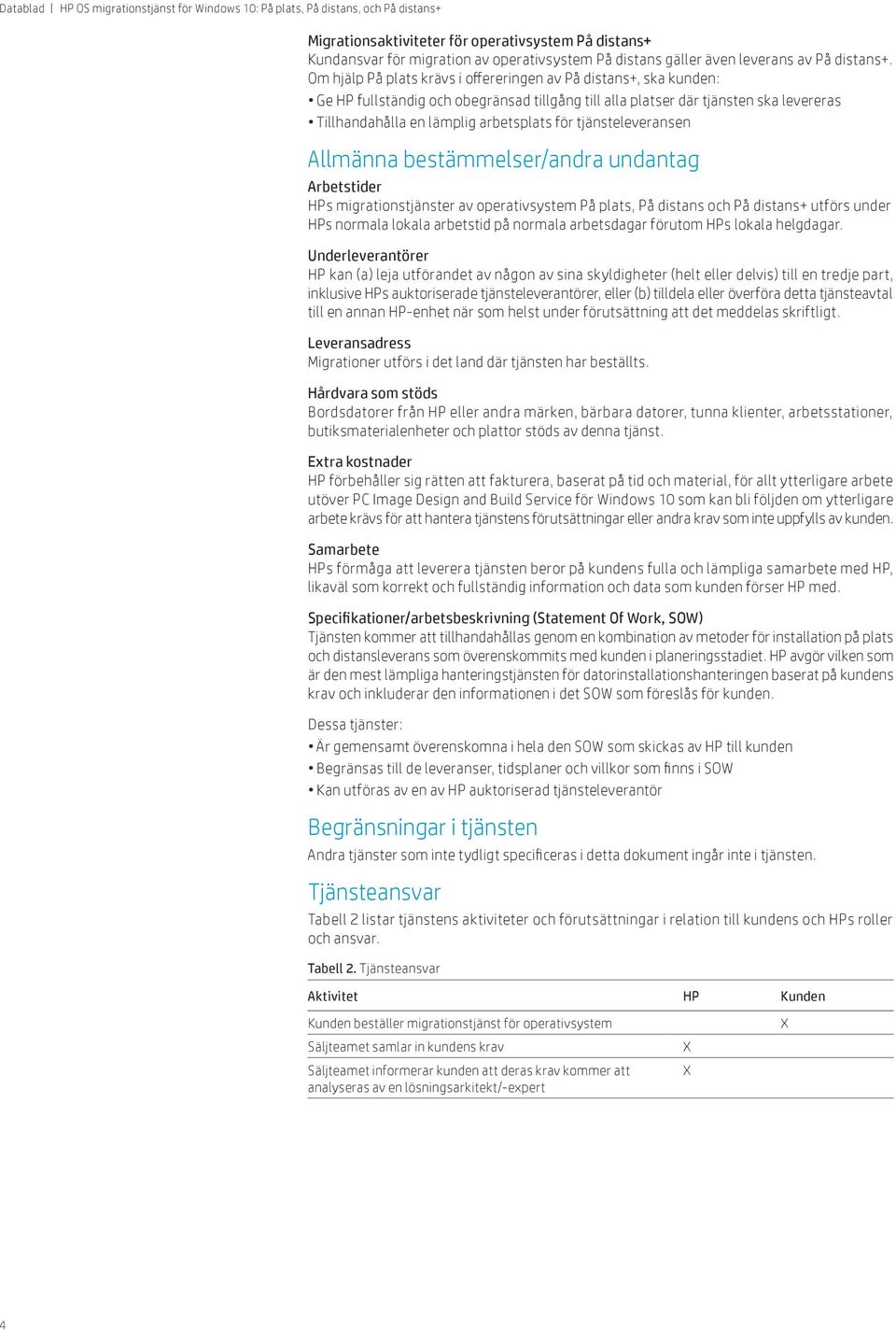 tjänsteleveransen Allmänna bestämmelser/andra undantag Arbetstider HPs migrationstjänster av operativsystem På plats, På distans och På distans+ utförs under HPs normala lokala arbetstid på normala