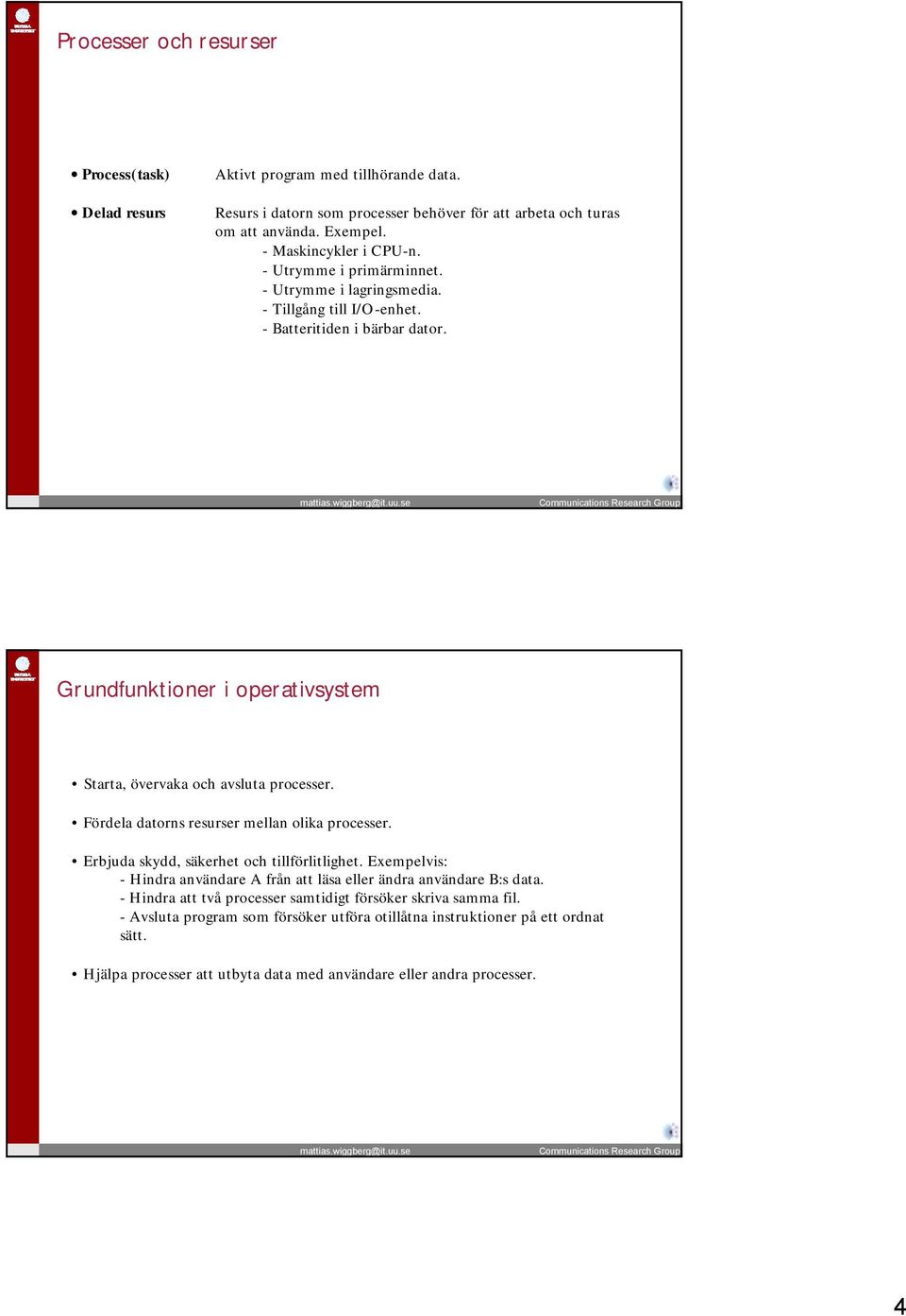 Grundfunktioner i operativsystem Starta, övervaka och avsluta processer. Fördela datorns resurser mellan olika processer. Erbjuda skydd, säkerhet och tillförlitlighet.