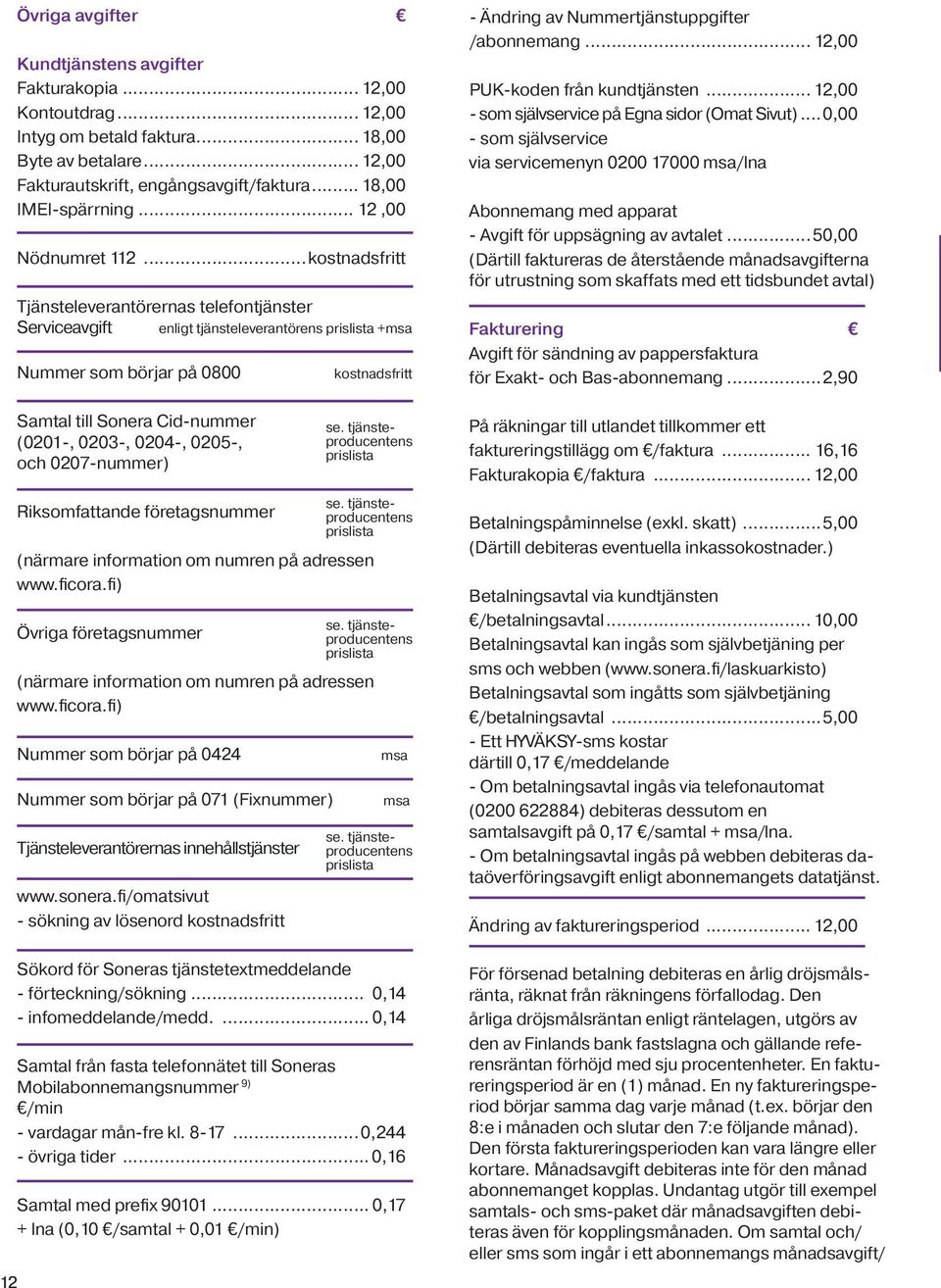 ..kostnadsfritt Tjänsteleverantörernas telefontjänster Serviceavgift enligt tjänsteleverantörens prislista +msa Nummer som börjar på 0800 Samtal till Sonera Cid-nummer (0201-, 0203-, 0204-, 0205-,