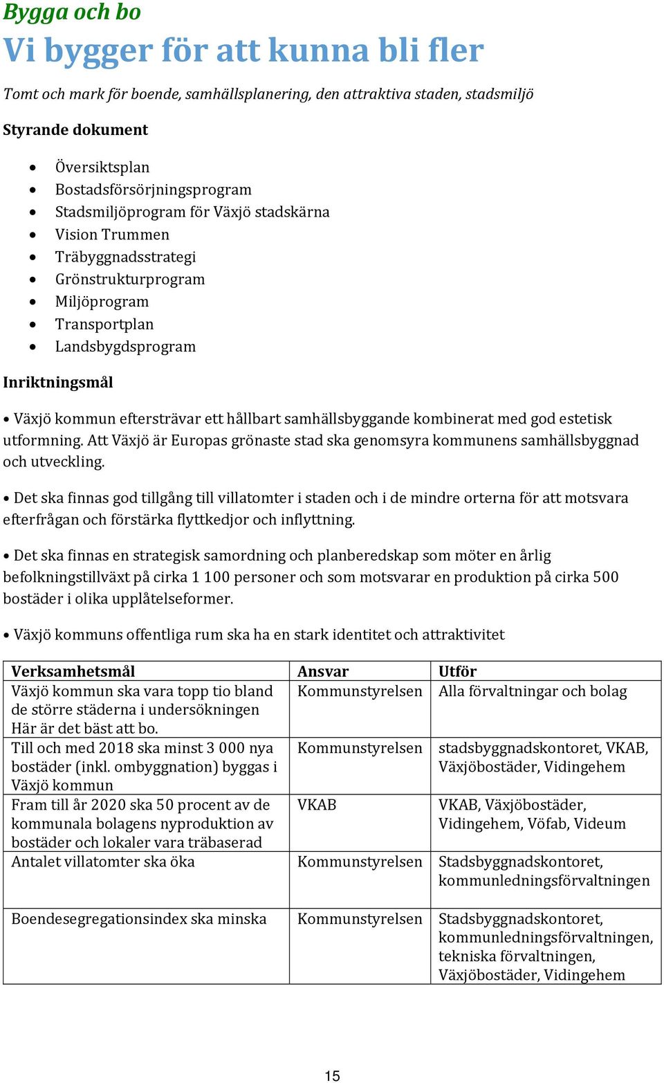 samhällsbyggande kombinerat med god estetisk utformning. Att Växjö är Europas grönaste stad ska genomsyra kommunens samhällsbyggnad och utveckling.