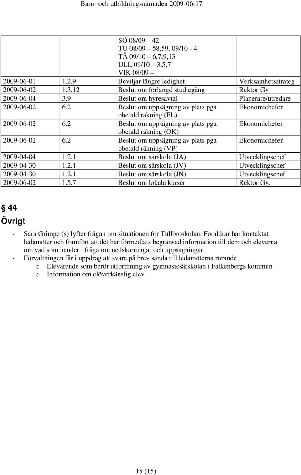 2 om uppsägning av plats pga Ekonomichefen obetald räkning (OK) 2009-06-02 6.2 om uppsägning av plats pga Ekonomichefen obetald räkning (VP) 2009-04-04 1.2.1 om särskola (JA) Utvecklingschef 2009-04-30 1.