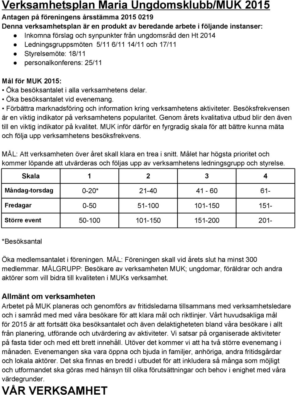 Öka besöksantalet vid evenemang. Förbättra marknadsföring och information kring verksamhetens aktiviteter. Besöksfrekvensen är en viktig indikator på verksamhetens popularitet.