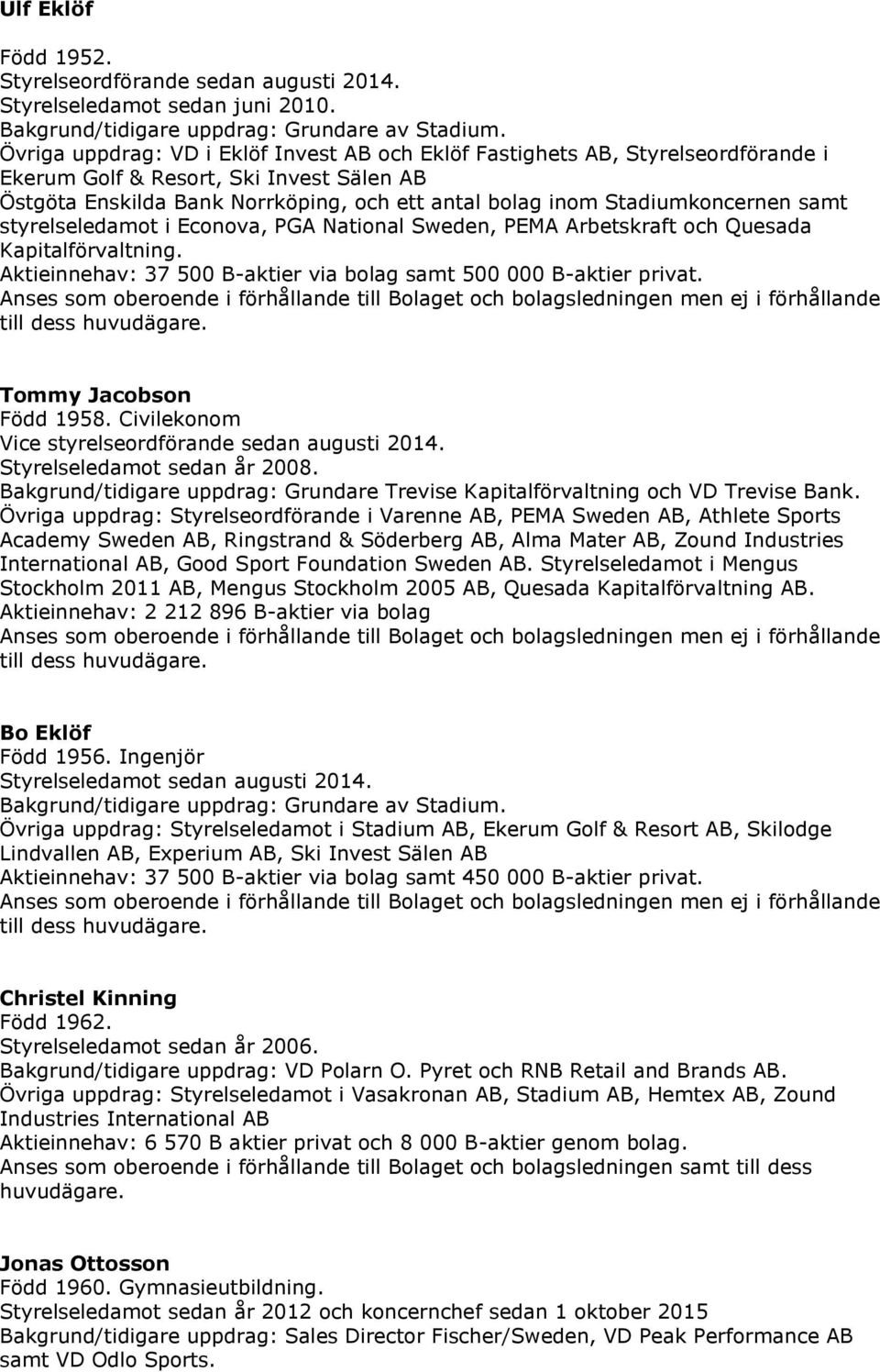 Stadiumkoncernen samt styrelseledamot i Econova, PGA National Sweden, PEMA Arbetskraft och Quesada Kapitalförvaltning. Aktieinnehav: 37 500 B-aktier via bolag samt 500 000 B-aktier privat.