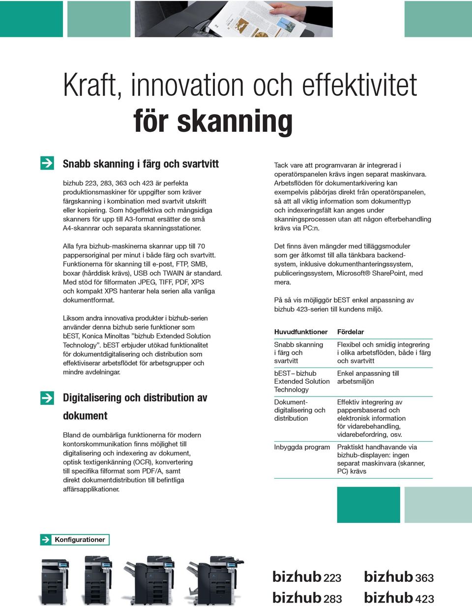 Alla fyra bizhub-maskinerna skannar upp till 70 pappersoriginal per minut i både färg och svartvitt. Funktionerna för skanning till e-post, FTP, SMB, boxar (hårddisk krävs), USB och TWAIN är standard.