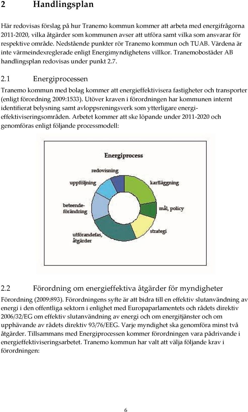 7. 2.1 Energiprocessen Tranemo kommun med bolag kommer att energieffektivisera fastigheter och transporter (enligt förordning 2009:1533).