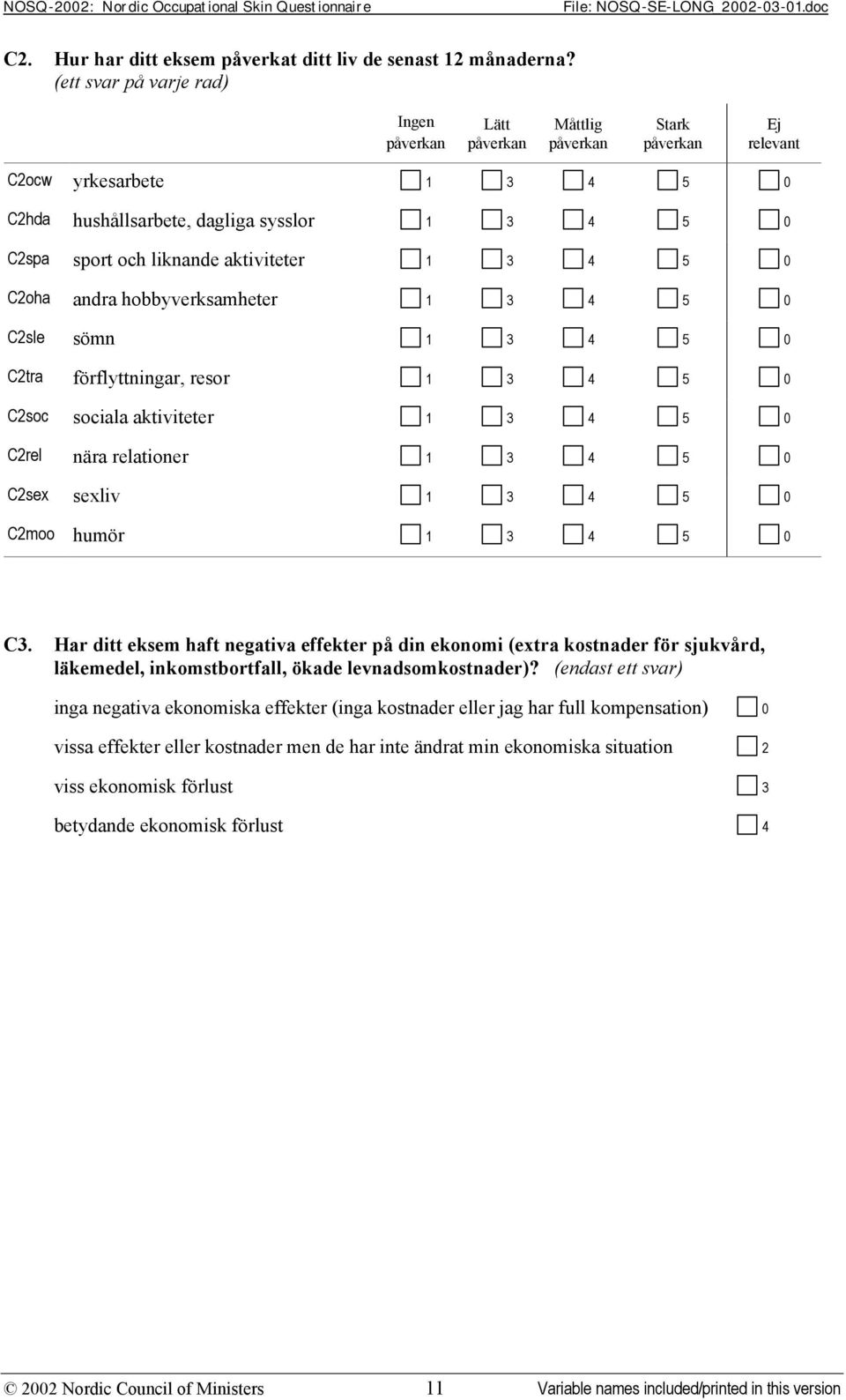 aktiviteter 1 3 4 5 0 C2oha andra hobbyverksamheter 1 3 4 5 0 C2sle sömn 1 3 4 5 0 C2tra förflyttningar, resor 1 3 4 5 0 C2soc sociala aktiviteter 1 3 4 5 0 C2rel nära relationer 1 3 4 5 0 C2sex