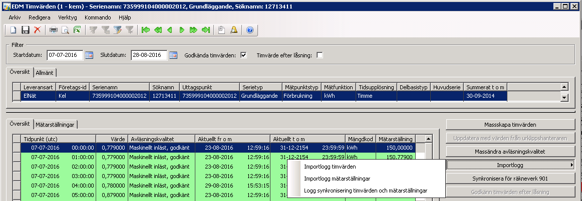 Importlogg Tillfällen när timvärden och mätarställningar