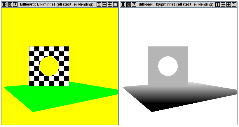 Mera OpenGL: Billboarding 5(6) Mera OpenGL: Blending/alfatest 1 Återstår ett problem. Texturernas genomskinlighet kan vi lösa genom att använda färgblandning (dvs glenable(gl_blend)+glblend- Func(...)).