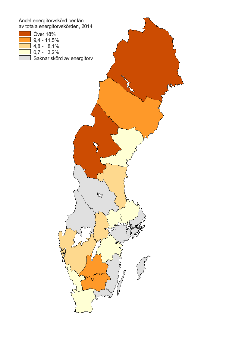 SCB 5 MI 25 SM 1501 Karta 1. Länsvis skörd av energitorv 2014 Peat harvesting for energy, by county Källa: SGU. Karta: SCB.