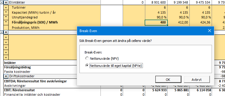 Kritisk punkt (Break-Even) till NPV/NPVe Om man inkluderar lönsamhetsberäkningar baserat på Fritt kassaflöde till eget kapital (FCFE) i kalkylfilen under Övriga optioner i fliken Övrigt