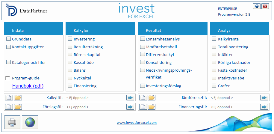 Version 3.8 Invest for Excel version 3.8 (kompilation 3.8.001) innehåller nya funktioner, funktioner och korrigeringar implementerade efter version 3.7 kompilation 3.7.001 och innehåller även en ny digital signatur.