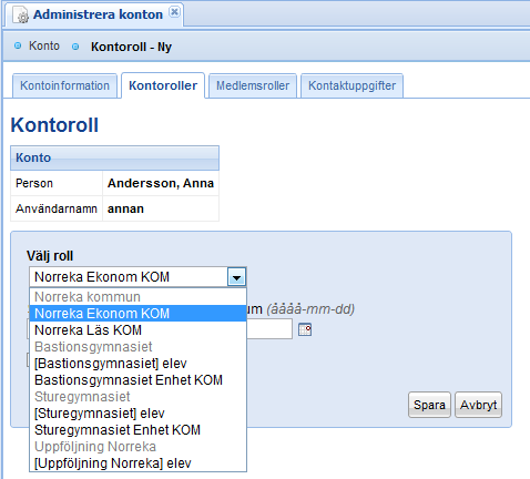 Koppla roll till konto Observera att om en och samma person/konto ska ha behörighet till mer än en huvudman så kommer KSL att behöva ta över administrationen av kontot.