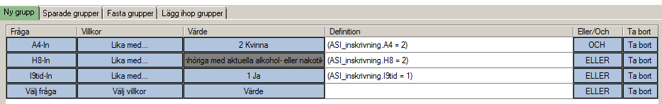 Manual ASI- Net-Statistik 2014-10-16 31 Gruppen skulle byggas så här i programmet: Net-Statistik tittar först på de rader som binds samman av ELLER de som lever med anhöriga med aktuella