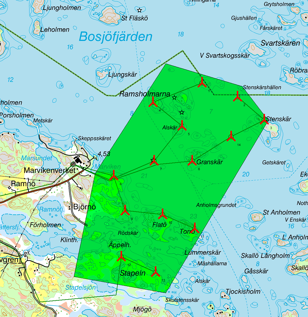 Tillstånd söks för högst 14 vindkraftverk inom projektområdet för Vindpark Marviken. En preliminär parklayout har gjorts.