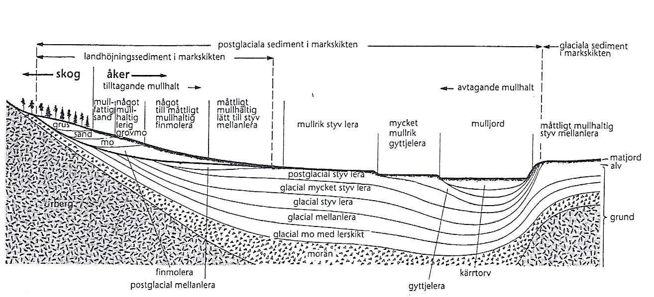 Schematisk bild av av en dalgång under HK som visar jordarter med underliggande kvartära bildningar (Efter Ekström 1953).