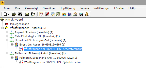 Öppna journal Öppna mappen vårdåtagande genom att klicka på plustecknet. Öppna aktuell organisatorisk enhet. Öppna aktuell brukare. Markera vårdåtagandet.