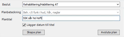 Ange plantitel. Börja alltid plantiteln med yrkeskategori (prefix), AT, FT/SG, SSK eller LOG. Det är viktigt att plantiteln tydliggör vad planen handlar om. Klicka sedan på skapa plan.