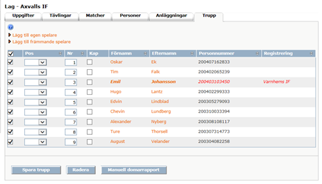 ELEKTRONISK DOMARRAPPORT 3 När Ni Klickar på Lägg till en egen spelare. Då kommer de spelare upp som är registrerade för föreningen.