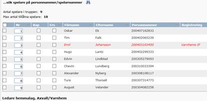 8 Nu är det Spelarförteckning för den enskilda matchtruppen.