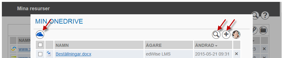 Bild 8 Min OneDrive i edwise. 2 Rättningar 2.1 Samarbeta 2.1.1 Visning av rättigheter i Rum Nu visas rättigheter för enskilda medlemmar som ingår i grupp på ett korrekt sätt. Levererat vecka 19. 2.1.2 Markera nyhet som läst i Rum Nu kan du i Informationskanal i Rum markera nyheter som läst/oläst.