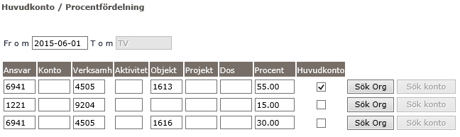 Datum 2016-04-19 Sida 12 av 19 Du skriver det avvikande kontot direkt i fälten eller klicka på Välj org och välj rätt gren från organisationsträdet, klicka på välj och klicka därefter på OK.