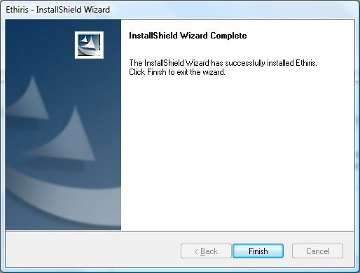 Installation Figur 2.13 Dialog som talar om att installationen är klar. Klicka Finish> för att färdigställa installationen av Ethiris.