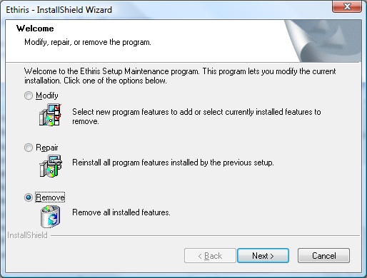 Installation Avinstallation 2.3 Avinstallation För att avinstallera Ethiris: 1. Välj Program och Funktioner (eller på Windows XP Lägg till eller ta bort program) i Kontrollpanelen.