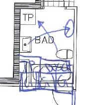 Figur 10: Badrum med WC på ena sidan och tvättställ på den andra byggs ofta om. Exempel från BRF 2. Ritning på orginaluppställning och de boendes skisser på ändring. 4.