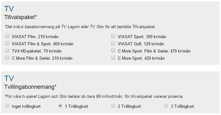 Vet du att du vill ha kanalpaketet på en tv-apparat till, så beställer du också ett tvillingabonnemang. Här gäller också specifika villkor för föreningen.