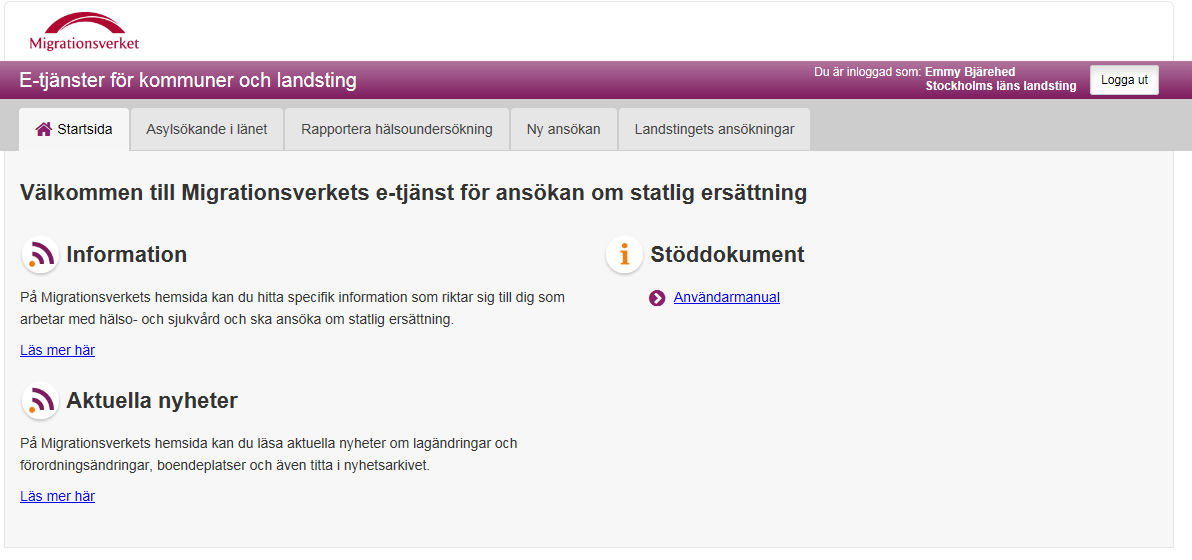 5 2. Startsida Varje landsting/region har en utsedd administratör för e-tjänsten. Om du har frågor om hur du loggar in eller får inloggningsuppgifter, vänd dig till din lokala administratör.