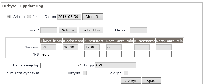 2016-09-02 Sida 8 av 18 Turbyte Välj period, klicka på Hämta och därefter på Ny. Turbyte använder du när du byter arbetspass eller arbetstider för en dag. Alla turbyte ska beviljas av chefen.