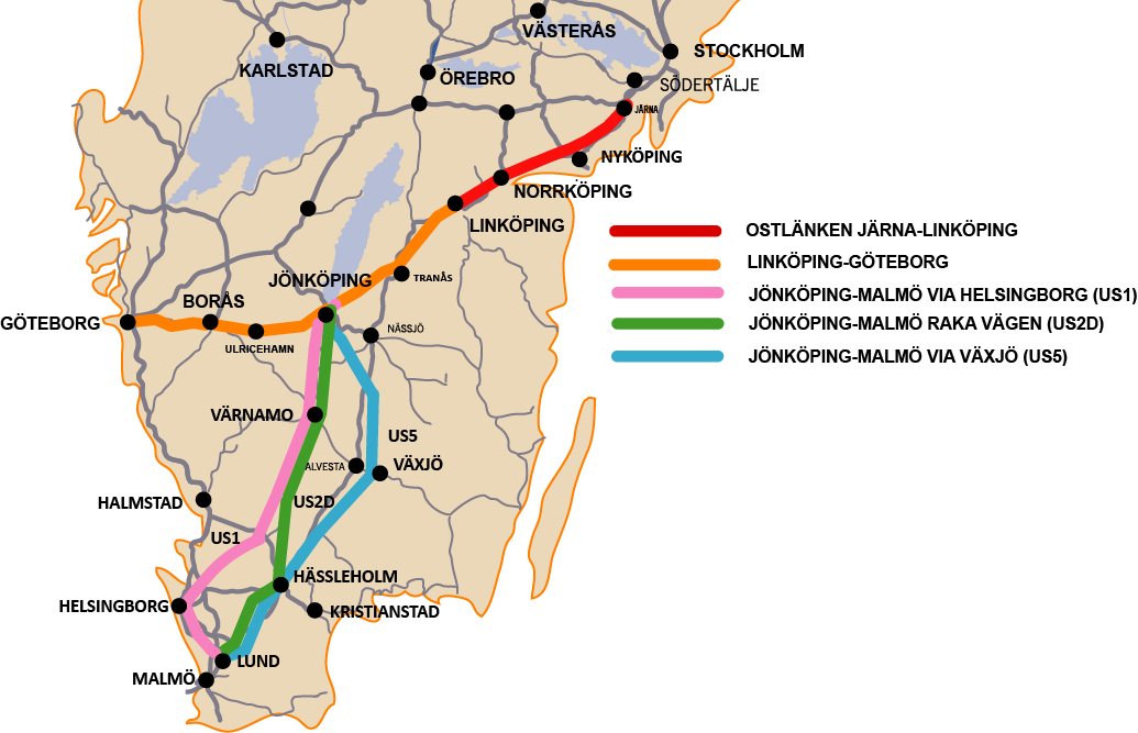 2. Trafikering 2030 2.1. Allmänt Analyserna i den här utredningen bygger på att höghastighetsnätet mellan Stockholm Göteborg/ Malmö är färdigställt och trafiken är i full drift.