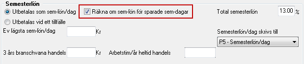 Längst ner till höger i bilden ovan väljer du det P-fält som den framräknade semesterlönen/dag ska skrivas till. Den framräknade semesterlönen sparas i det angivna P-fältet i anställdaregistret.