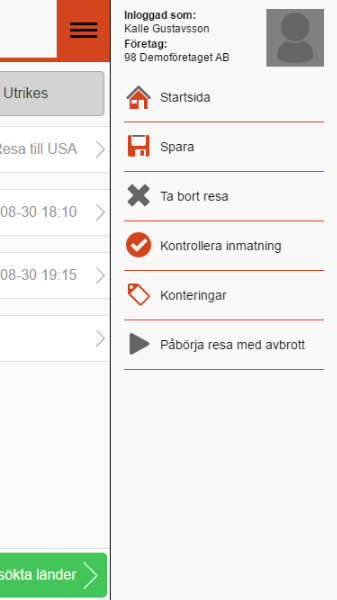 Användarmeddelande Flex HRM Travel, version 162 34 Utrikes resa För att lägga till en utrikesresa klickar du först på Lägg till och väljer sedan Resa. Klicka sedan på knappen Utrikes.