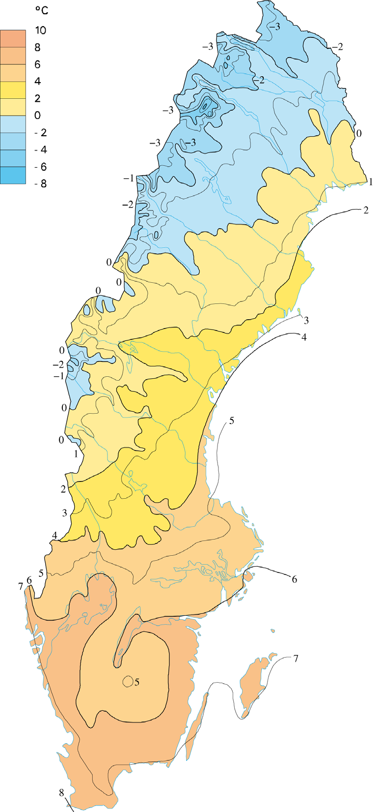 A B 2 2 3 4 3 4 5 C 5 6 6 7 7 8 Figur 11. A. Årsmedelvärden i lufttemperatur för perioden 1961 1990 (källa: SMHI). B. Medianvärden på grundvattentemperaturen i Sverige för perioden 1975 1995 (data källa SGU).