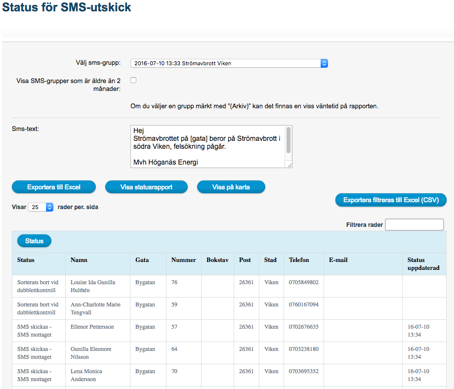 Status - Statusrapport När du har gjort utskicket blir du automatiskt skickad till Status för SMSutskick där du använder dropdownlistan för att välja det utskick du önskar rapport på.