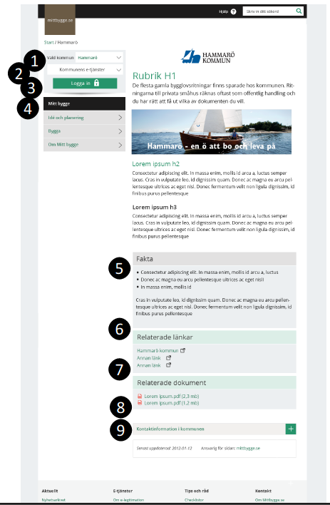 KOMMUNENS STARTSIDA Efter kommunval på startsidan kommer användaren till kommunsidan. 1. Se vald samt byta kommun 2. Se kommunens e-tjänster 3. Inloggning 4.