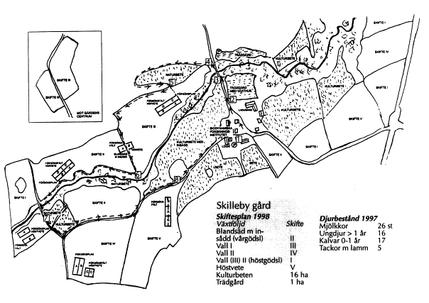 tiden var en havsvik, och mot nuvarande Järnafjärden, en del av en vik av Östersjön in mot Södertälje. Figur 1. Gården Skilleby med försöksplatserna 1991-1997 på skiftena I, II, III, IV och V.